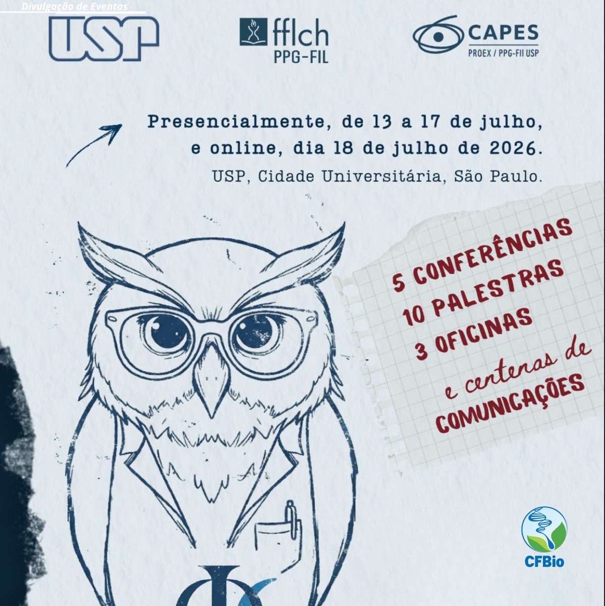CFBio's tweet photo. 🧠📚 Participe do I Congresso Brasileiro de Filosofia da Ciência!

📍 USP – São Paulo
📅 13 a 17/07 (presencial) | 18/07 (online)
⏰ Programação ao longo do dia

Um encontro nacional para debater fundamentos, métodos e impactos da ciência.

🔗 https://t.co/PPyw5G7rKR

#CFBio #FilosofiaDaCiencia #Ciencia #EventoAcademico #USP