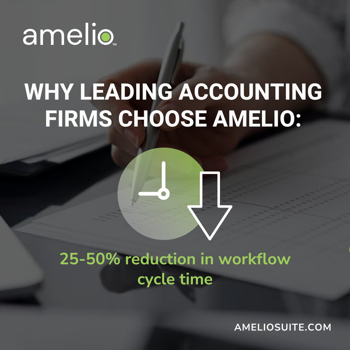 AmelioSoftware's tweet photo. 25–50% reduction in workflow cycle time. Firms using Amelio don't just finish faster. They finish with less friction.

#WorkflowEfficiency #AccountingOperations #FirmGrowth #Amelio #PracticeManagement https://t.co/SYMOGh0VTV