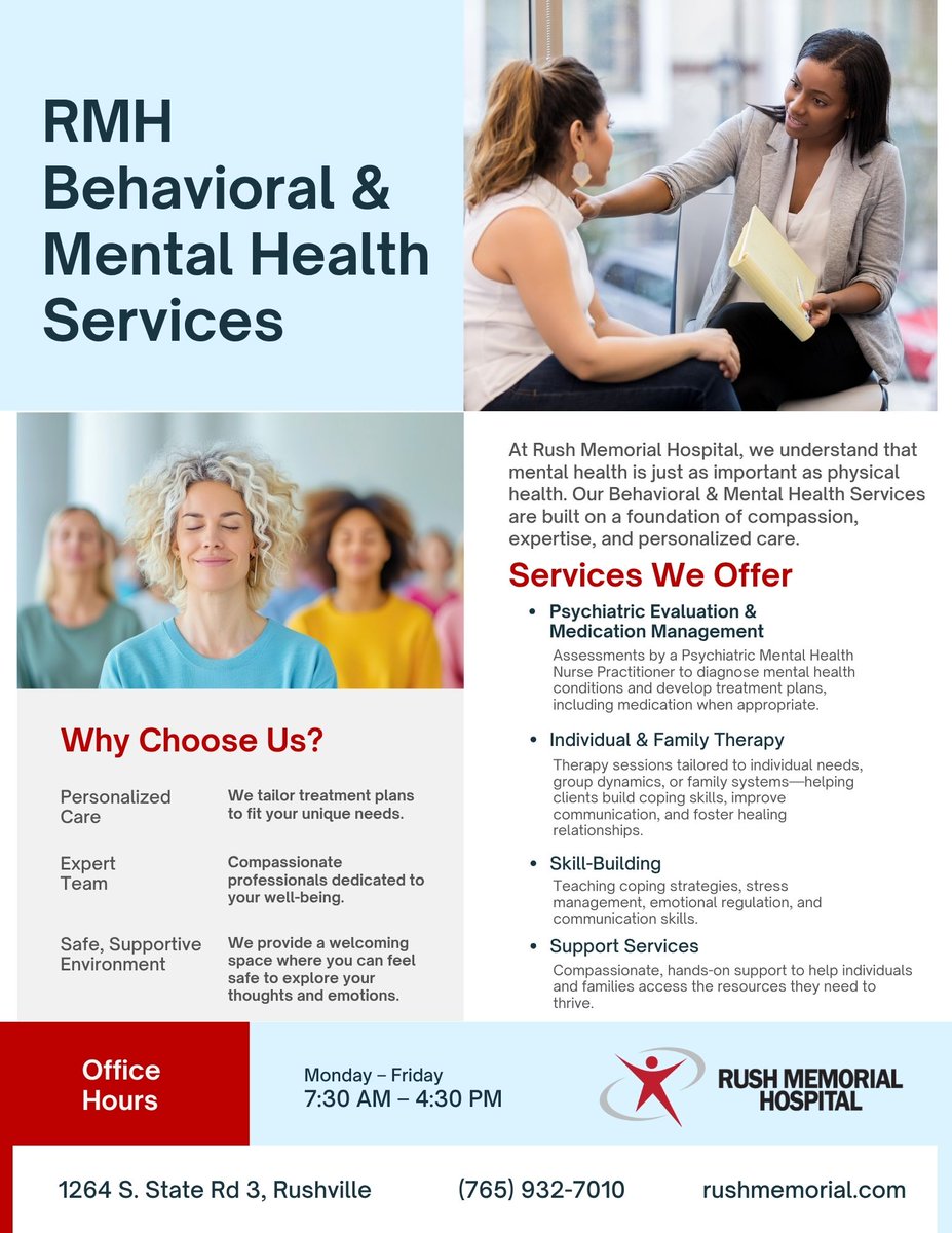 RushMemorial's tweet photo. Mental Health Awareness Month is a reminder: you deserve support 
If you’re struggling, facing stress, or just need someone to talk to, our Behavioral &amp; Mental Health team is here to help.
Call 765-932-7010 to learn more. https://t.co/CVmTimhCKd