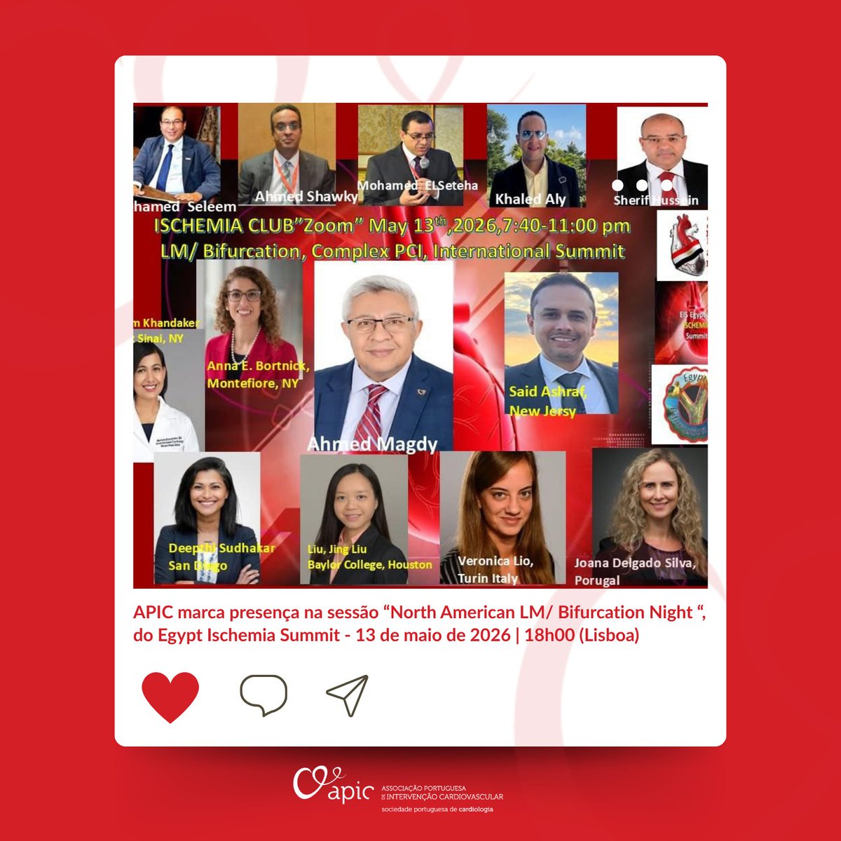 APIC_pt's tweet photo. É já 𝗵𝗼𝗷𝗲, 𝗽𝗲𝗹𝗮𝘀 𝟭𝟴𝗵𝟬𝟬, que a APIC, representada pela sua presidente, 𝗝𝗼𝗮𝗻𝗮 𝗗𝗲𝗹𝗴𝗮𝗱𝗼 𝗦𝗶𝗹𝘃𝗮, vai participar na sessão “𝗡𝗼𝗿𝘁𝗵 𝗔𝗺𝗲𝗿𝗶𝗰𝗮𝗻 𝗟𝗠/ 𝗕𝗶𝗳𝘂𝗿𝗰𝗮𝘁𝗶𝗼𝗻 𝗡𝗶𝗴𝗵𝘁”, do 𝗘𝗴𝘆𝗽𝘁 𝗜𝘀𝗰𝗵𝗲𝗺𝗶𝗮 𝗦𝘂𝗺𝗺𝗶𝘁!

Sob o tema “Techniques and Tips& Tricks for LM/ Bifurcation Intervention, Complex PCI”, a presidente da APIC explicará mais sobre "LM Intervention Challenging Scenarios”.

📆 13 de maio
🕕 18h00 (hora de Lisboa)

👉 Inscreva-se aqui: https://t.co/IYZntmL51W

#APIC #EgyptIschemiaSummit2026 #CardioEgypt2026 #InterventionalCardiologyEgypt #CardiologiadeIntervenção