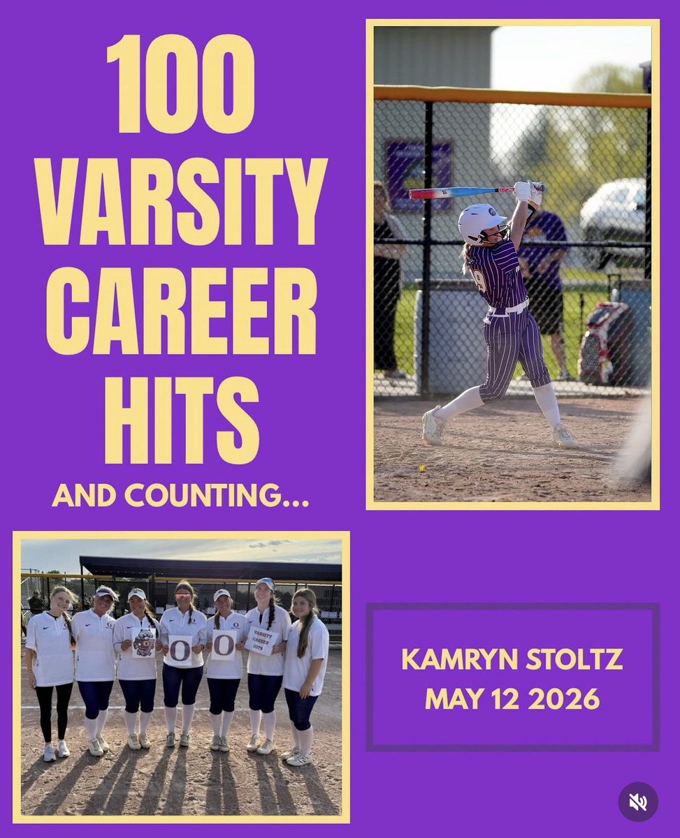 oconsoftball's tweet photo. Miss Kamryn Stoltz with 100 CAREER HITS &amp; COUNTING 💪🏼😤 
We are so unbelievably proud of you 🥳👏🏼

🦝💜💛 https://t.co/l5FUJMYChU