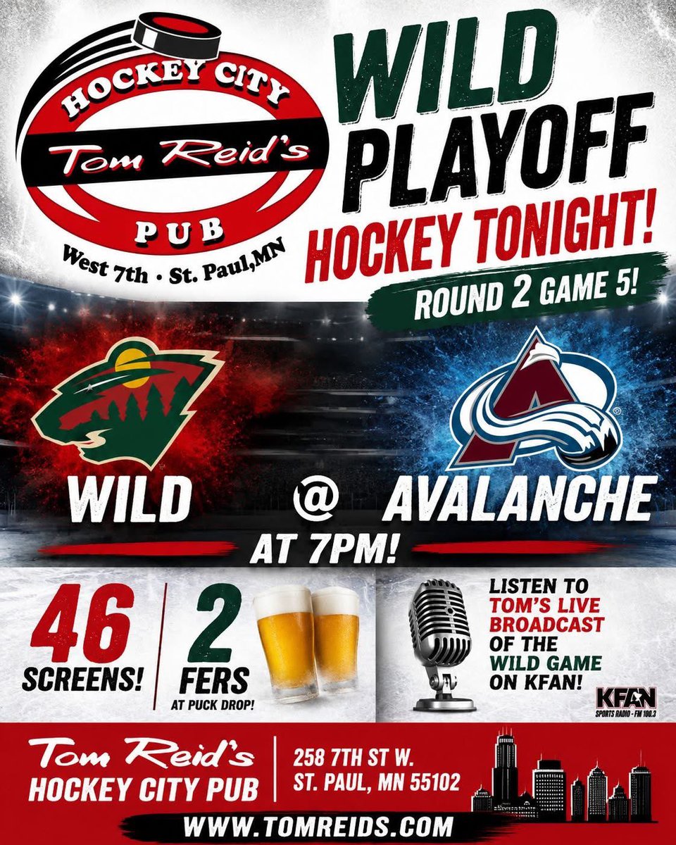 TomReidsPub's tweet photo. 🏒 Join us for some Wild Playoff hockey tonight! Round 2 Game 5! Wild @ Avs at 7pm! Food, drinks, 46 screens and 2fers at puck drop! https://t.co/hdgbMDMCbg
