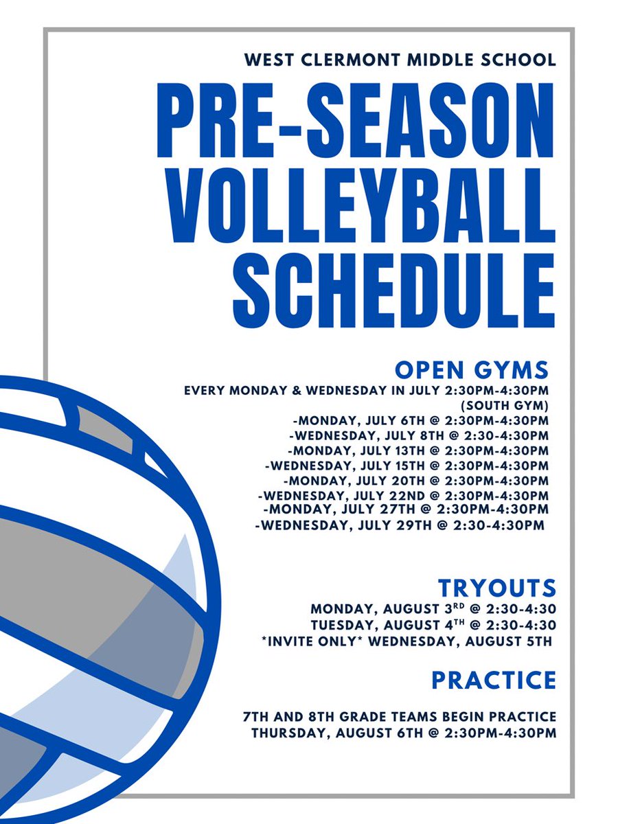WCMS_Sports's tweet photo. If you are interested in playing volleyball at the middle school next fall, open gyms begin in July! https://t.co/OqCMmN6eEI