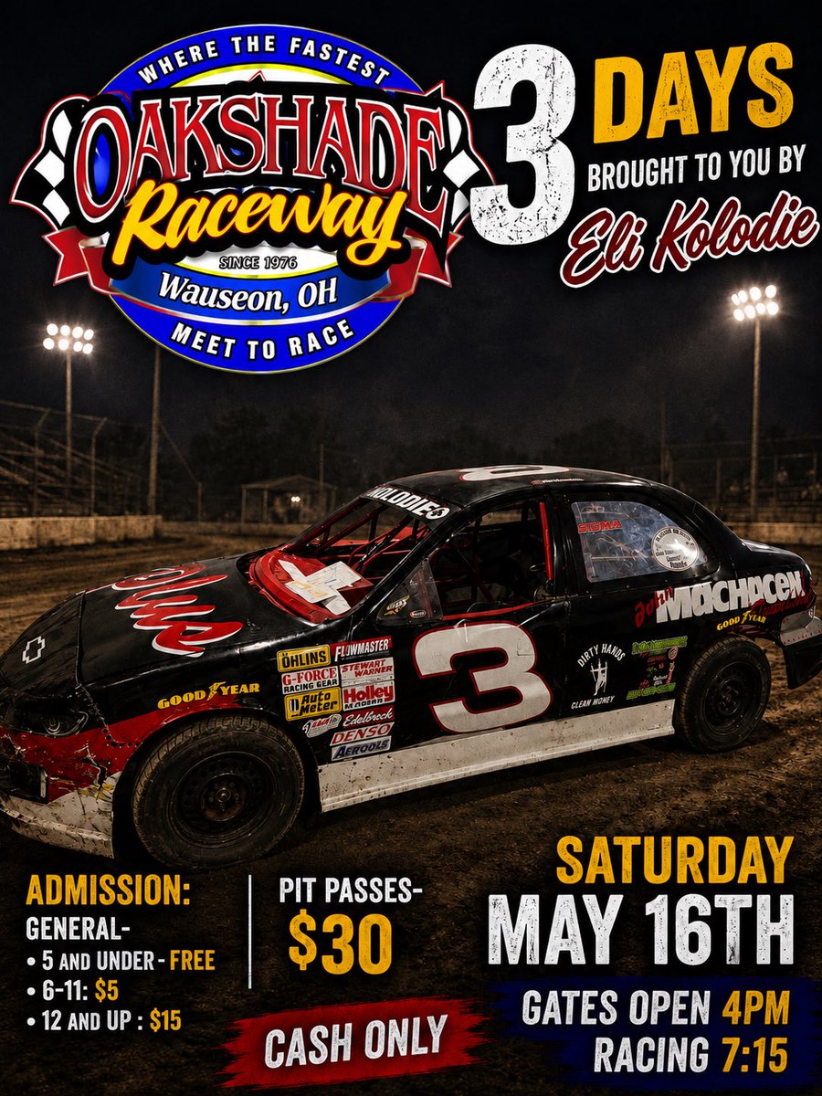 OakshadeRaceway's tweet photo. Saturday May 16th Opening Night 2026! DIRTcar Late Models, UMP Sportsman, Dominator Super Stocks &amp; Compacts! https://t.co/YLSBUzOZeF