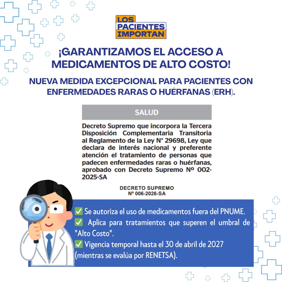 los_pacientes's tweet photo. 📢 @Minsa_Peru ha emitido una norma que marca un hito en la atención de las #EnfermedadesRaras en 🇵🇪
Los establecimientos de salud de 3er nivel podrán autorizar uso de medicamentos y productos biológicos:
1️⃣No estén en PNUME
2️⃣Superen umbral "Alto Costo"
🔗https://t.co/ND5tTWF8Ka https://t.co/PNouTIXYfA