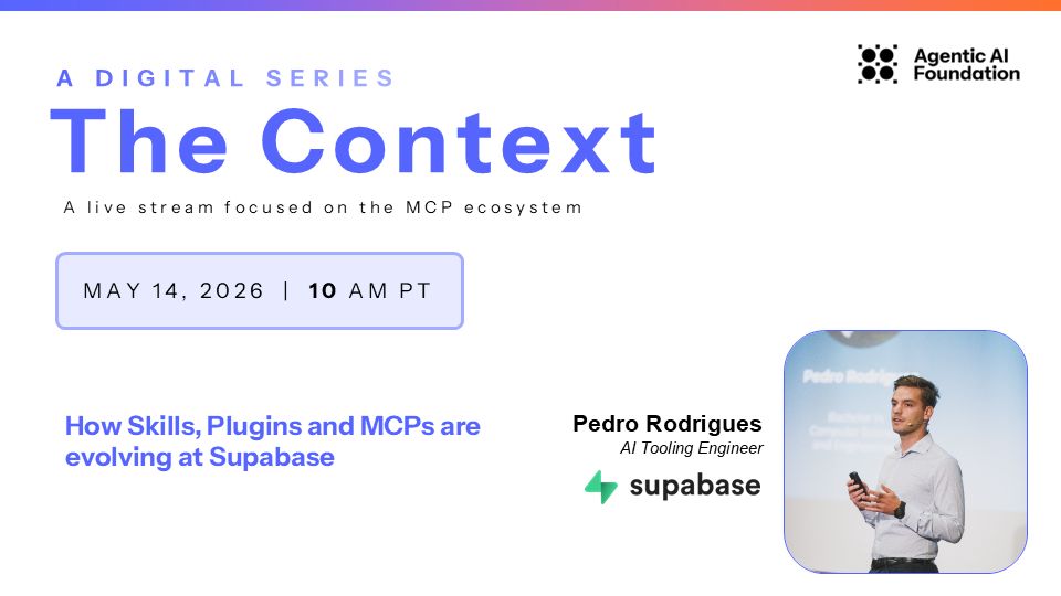 acornlabs's tweet photo. 🚨 Tomorrow @ 10am PT on The Context - an #MCP live stream:

➡️ How Skills, Plugins, and MCPs are evolving at Supabase
with Pedro Rodrigues @rodriguespn23, AI Tooling Engineer at @supabase.

Join us live to explore the future of MCP-powered AI tooling.

📺 https://t.co/82k2njOx2K https://t.co/kae4E6njhc