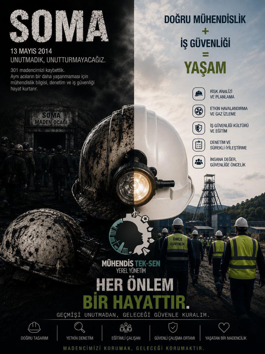 MuhTekYerelYntm's tweet photo. Mühendis Tek-Sen Yerel Sendikası olarak;
301 madencimizin hayatını kaybettiği Soma Maden Faciası’nın yıldönümünde kaybettiğimiz tüm madencilerimizi saygı ve rahmetle anıyoruz.
#madencininhakkınıver 
#SomaKatliamı 
@MuhTekSen_Konf 
@MuhTekYerelYntm https://t.co/EwOfJjc5m7