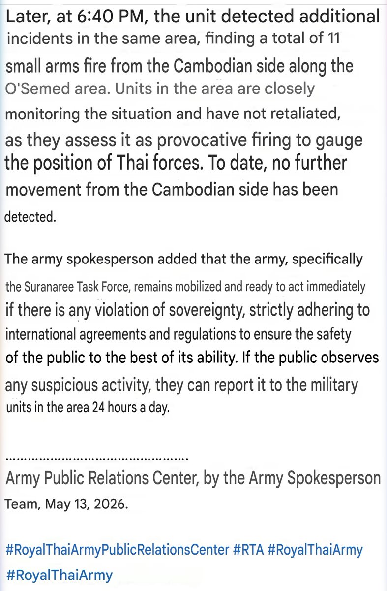 MayWongST's tweet photo. #Thailand-#Cambodia trading words on shots fired at border of O'Smach & Thai's Chong Chom. Thai calls total of 11 shots fired by Cambodia "provocative firing". #Thais "closely monitoring" but #PhnomPenh denies this. This barely a week after both leaders met at #ASEAN #ไทยกัมพูชา https://t.co/moVGImBuJb