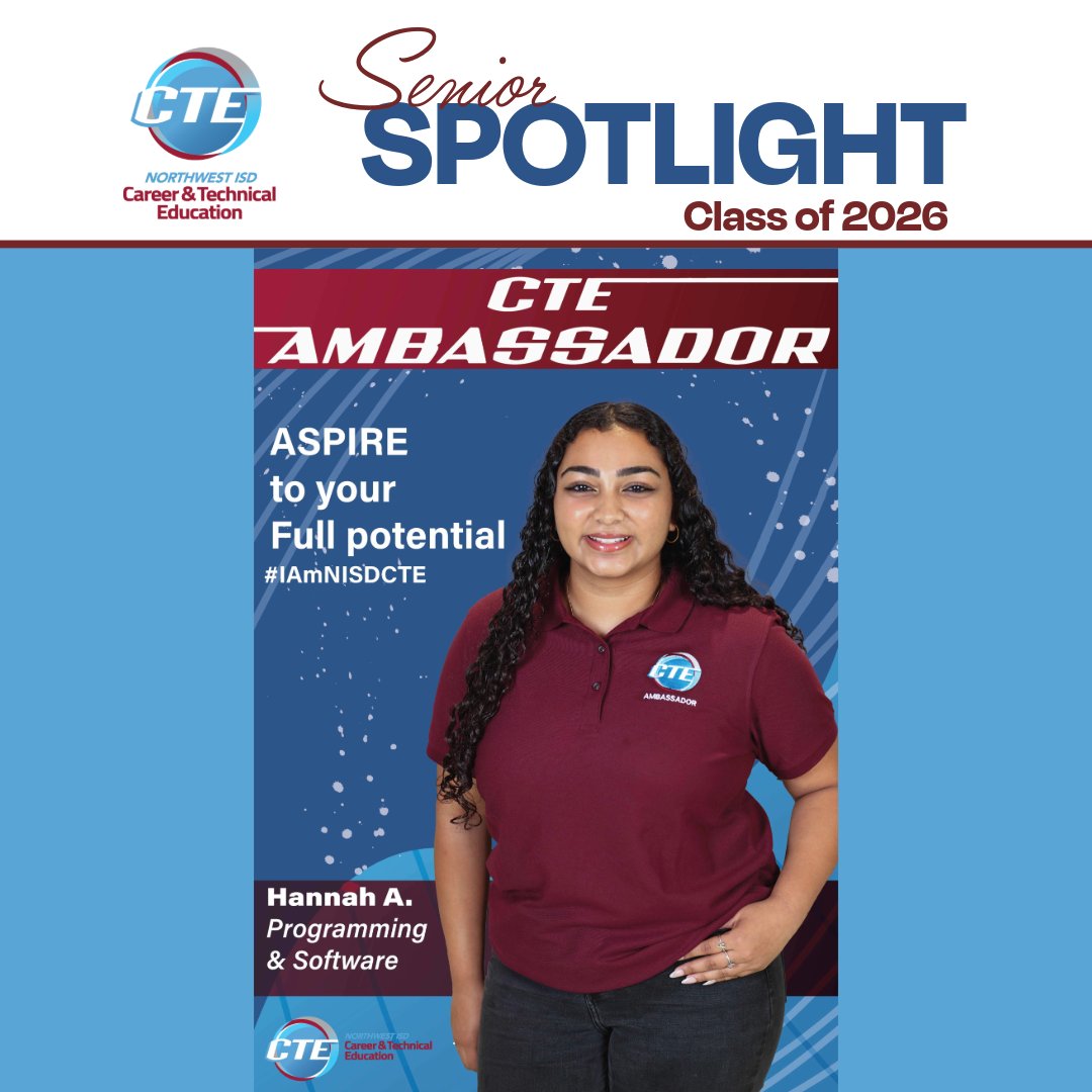 NisdCTE's tweet photo. 🎓Congrats to Class of '26 NISD CTE Ambassador HANNAH A. | Programming &amp; Software Development @EatonHighSchool
🍎Hannah would like to honor CTE teacher Shannon Silvus for the amazing teacher he was + skills he taught beyond Comp Sci that she'll carry through life. About Hannah⬇️ https://t.co/Mqql9jFrgD