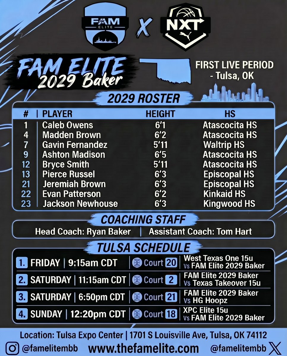 PierceRuss2029's tweet photo. College coaches!! Pictured below is my schedule for the upcoming live period. We will be playing in Tulsa, Ok. Come check us out!!
@FAMeliteMBB @CoachKatEHS @EHSSports @SeiPaye23 @KnightsCagers https://t.co/yng4TZpUmk