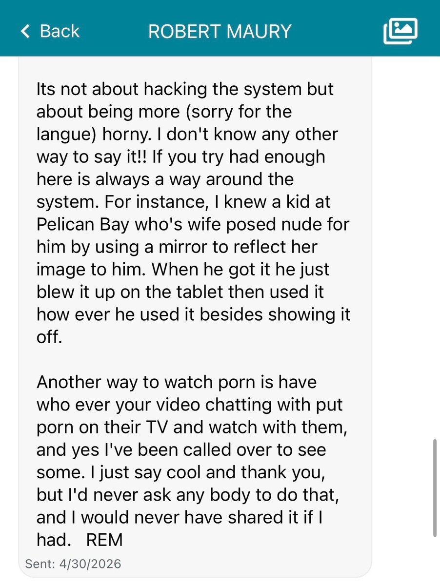 christopherrufo's tweet photo. Serial killer Robert Maury, a prisoner on California's death row, tells us that inmates are using state-issued digital tablets to watch porn. "If you try hard enough, there is always a way around the system."

This is Gavin Newsom's "porn for prisoners" scandal. https://t.co/TmBYQflXkG