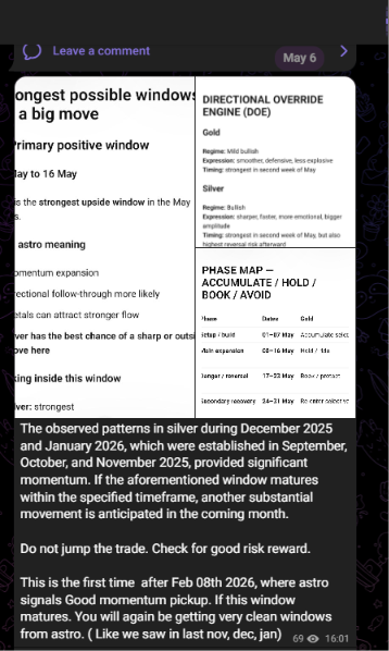 TPP_HQ's tweet photo. On 6 May, we projected a bullish activation window for Gold & Silver beginning from 8 May.

The reaction since then:

🥈 Silver: +50,000 points
🥇 Gold: +10,000 points
Not random.
Not hindsight.
A pre-mapped timing window that unfolded with precision.

While most were waiting for confirmation, the move had already begun.
This is why timing matters more than noise.
The expansion phase in precious metals is now fully active. The real question is no longer “why is it moving?”
It is:

How long can this momentum sustain before the next volatility shift arrives?

#Gold #Silver #MCX #CommodityMarket #GoldPrice #SilverPrice #PreciousMetals #Trading #Investing #IndianMarkets #StockMarketIndia #MarketTiming #PriceAction #SwingTrading #Nifty #BullRun