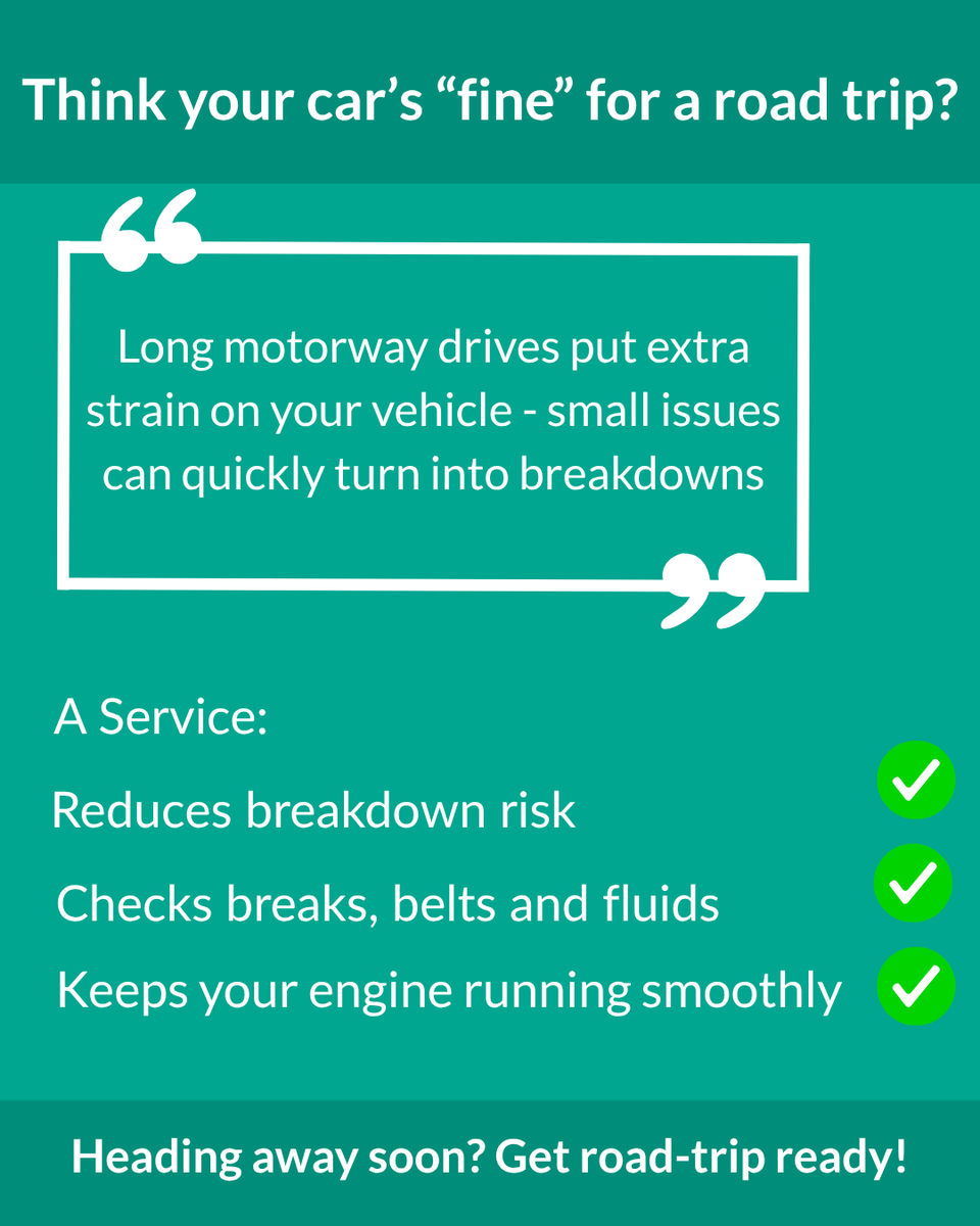 motoreasy's tweet photo. Before you head out on a long drive, make sure to check your vehicle.

Book a full manufacturer's service through us and get an MOT for FREE!

Book a service today - https://t.co/4DYdSAVrz1 https://t.co/SBKy2PuEq4