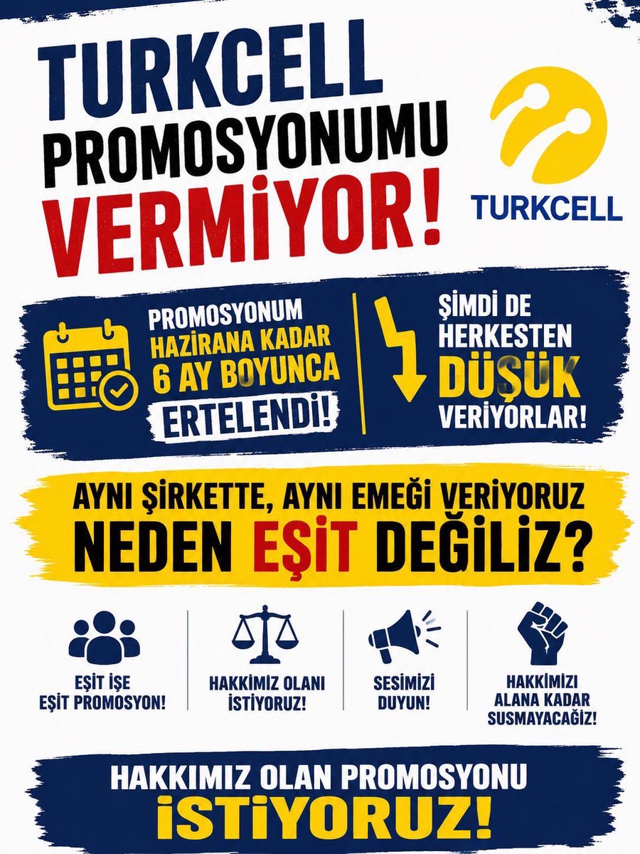 m_tahtasiz's tweet photo. Turkcell çalışanları 2 yıl öncesi ile aynı rakam olarak kendilerine dayatılan promosyonu boykot ediyor.

Çorum’da 700, Türkiye genelinde 15 bin çalışanı olduğunu bildiğimiz Turkcell çalışanları üst yönetime şöyle sesleniyor ve seslerini duyurmamızı istiyor👇🏻

“11.05.2026 tarihinde tarafımıza e-posta yolu ile çalışanlara 30.000 TL promosyon ödemesi yapılacağına ilişkin duyuru iletilmiştir.

Firmamız, Türkiye'nin önde gelen kuruluşlarından biri olup yaklaşık 15.000 çalışanı ve 20 farklı ilde faaliyet gösteren büyük bir organizasyondur. Bu kapsamda tarafımıza bildirilen promosyon miktarının mevcut şartlara göre son derece yetersiz olduğu kanaatindeyiz.

Banka ile yapılan anlaşmanın gerçek bedelinin ve çalışanlara düşen promosyon tutarının şeffaf şekilde açıklanmasını, promosyon ödemelerinin gerçek değer üzerinden eksiksiz olarak çalışanlara ödenmesini talep ediyoruz.

Tarafımıza bildirilen 30.000 TL tutarındaki promosyon miktarını kabul etmediğimizi, çalışanların emeğine ve kurumun büyüklüğüne yakışır seviyede gerçek promosyon bedelinin ödenmesini talep ettiğimizi saygıyla bildiririz.”

Günümüz ekonomik koşullarının ve enflasyon artışının ayan beyan ortada olduğu bu süreçte Turkcell üst yönetiminin müşterilerinin olduğu kadar çalışanlarının da mutluluğunu önceleyeceğini düşünüyor, emekçilerin haklı taleplerine olumlu yanıt vermesini umut ediyorum.

#turkcellglobalbilgipromosyonhakkınıver