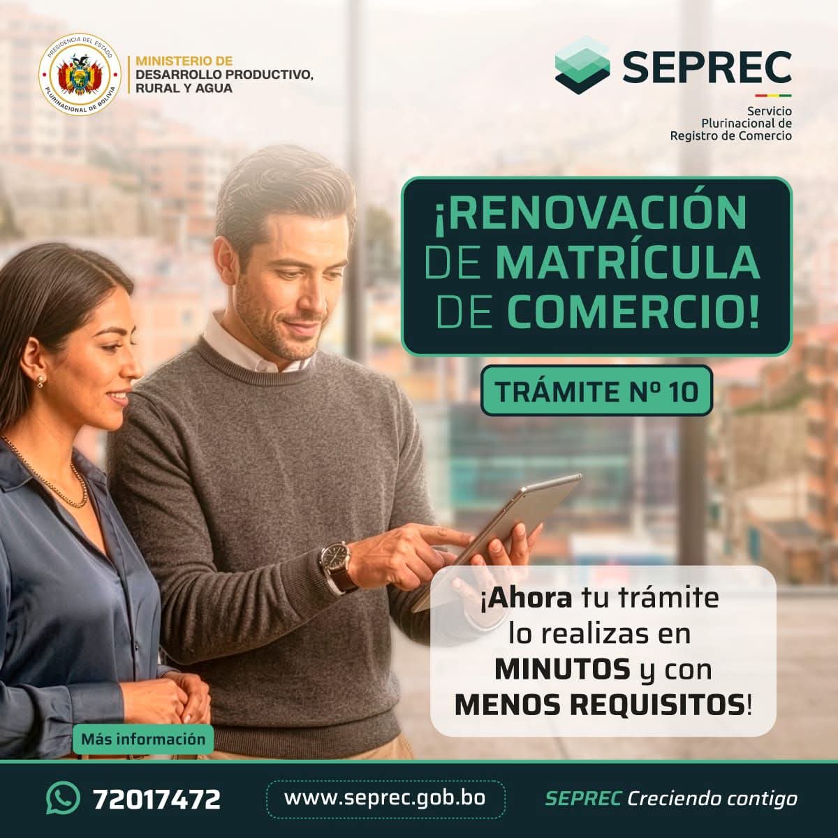 SEPRECBolivia's tweet photo. 🟢 ¡La renovación de la Matrícula de Comercio ahora es más rápida y simple! 🧑🏻‍💻
✅ Menos requisitos
✅ 100% virtual
✅ Tu trámite en minutos
🙌 En SEPREC seguimos modernizando nuestros servicios para emprendedores y empresas. 🇧🇴
#SEPREC #RenovaciónDeMatrícula #Bolivia #Empresas https://t.co/xEI4kWeyMa