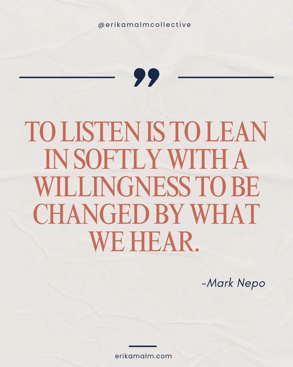 emalmcollective's tweet photo. Listening is more than hearing words. It’s allowing ourselves to stay open enough to be moved, challenged, and transformed by what another person shares. 

#ErikaMalm #DeepListening #TherapeuticHealing #EmotionalGrowth #MindfulConnection https://t.co/UfFEpmvT45