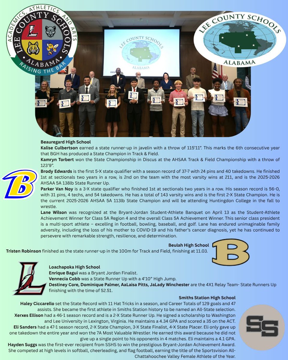 LeeCoSchools's tweet photo. The Lee County Schools Board of Education recognized top athletes with a "Raising the Bar"  award during last night's meeting. We are proud of these Lee County elite and know they will continue to #RaisetheBar! (Pictured from Right to Left) https://t.co/Rh4u6FknHD