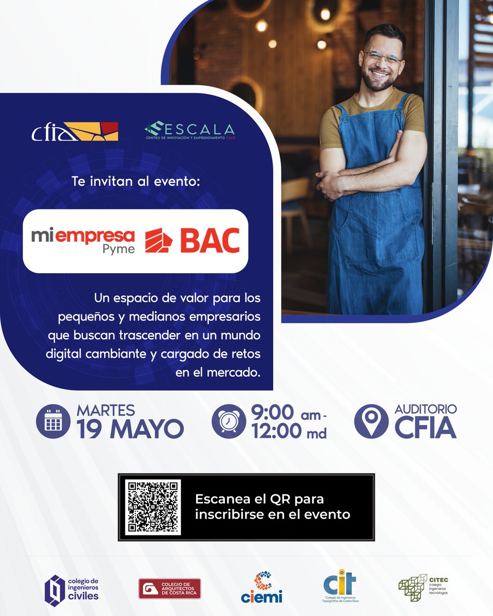 CFIACR's tweet photo. ✅ El #CFIA y ESCALA le invitan a participar en el evento miempresa Pyme BAC

🗓️ Martes 19 de mayo ⏰ 9:00 a.m.📍 Auditorio CFIA
👉🏼 Inscribase ingresando a: https://t.co/OndjNBACu8

#SomosCFIA #Pyme #Innovación #Emprendimiento https://t.co/6lGVsQURdj