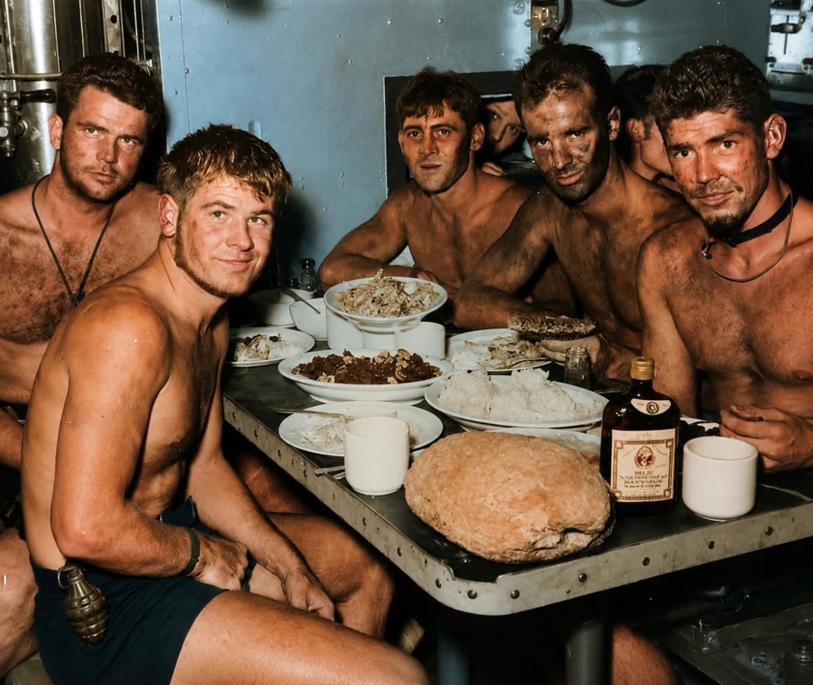 Jason_R_Burt's tweet photo. Men or unaerwater Demolition Team 10 enjoy a meal aboard their submarine, USS Burrfish. 🇺🇸
The Greatest Generation comes to supper with grenades on their shorts 😎 https://t.co/I8XHA0w66T