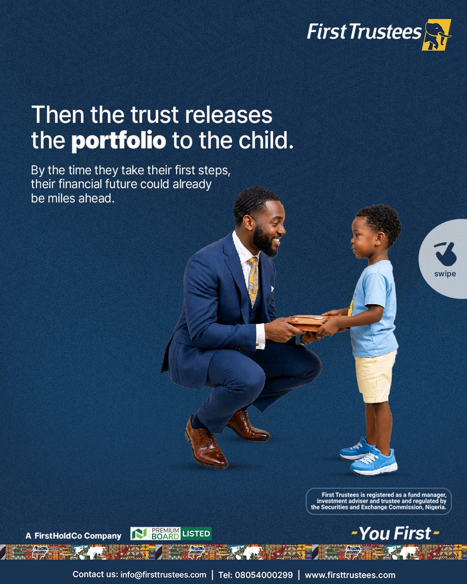 FirstTrustees's tweet photo. Start building your children’s fortune today. Send us a DM to get started.
First Trustees is registered as a fund manager, investment advisor and trustees and regulated by the Securities and Exchange Commission, Nigeria.
#FirstTrustees #Legacybuilding https://t.co/Z3FqQPX0v1