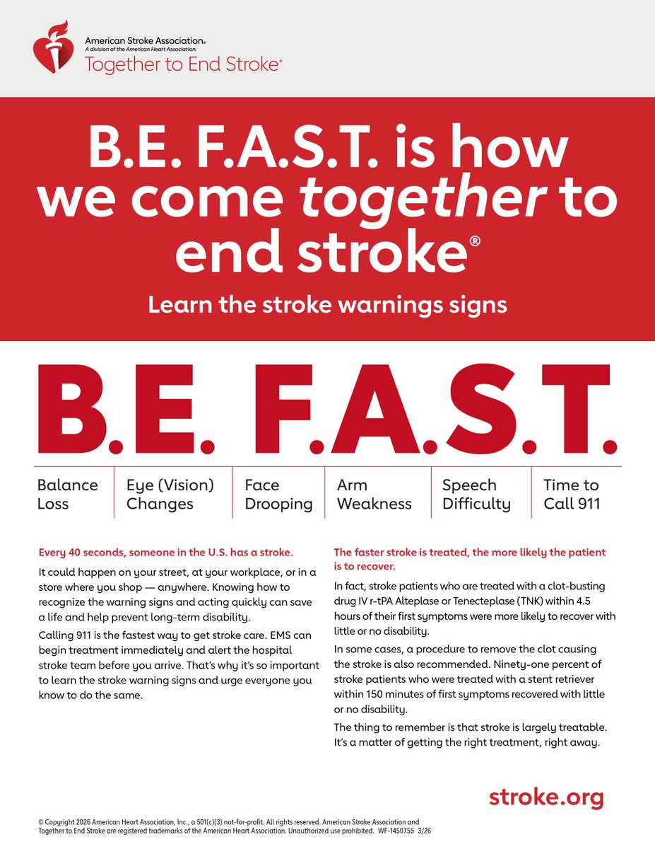 OhioSILC's tweet photo. B.E. F.A.S.T. is how we come together to end stroke.®
@American_Heart 
Learn the stroke warning signs: B.E. F.A.S.T.

Balance Loss
Eye (Vision) Changes
Face Drooping
Arm Weakness
Speech Difficulty
Time to call 911 https://t.co/T1C64Y1FGU