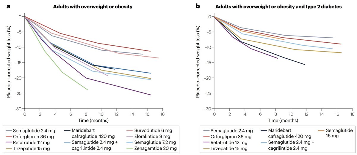 Side-by-side efficacy of weight loss drugs in obesity and type 2 diabetes Placebo-adjusted, focussing on the drugs that have long-term data, Novo's Zenagamtide (a GLP1/Amylin co-agonist) looks to be winning the efficacy Side-by-side efficacy of weight loss drugs in obesity and type 2 diabetes Placebo-adjusted, focussing on the drugs that have long-term data, Novo's Zenagamtide (a GLP1/Amylin co-agonist) looks to be winning the efficacy