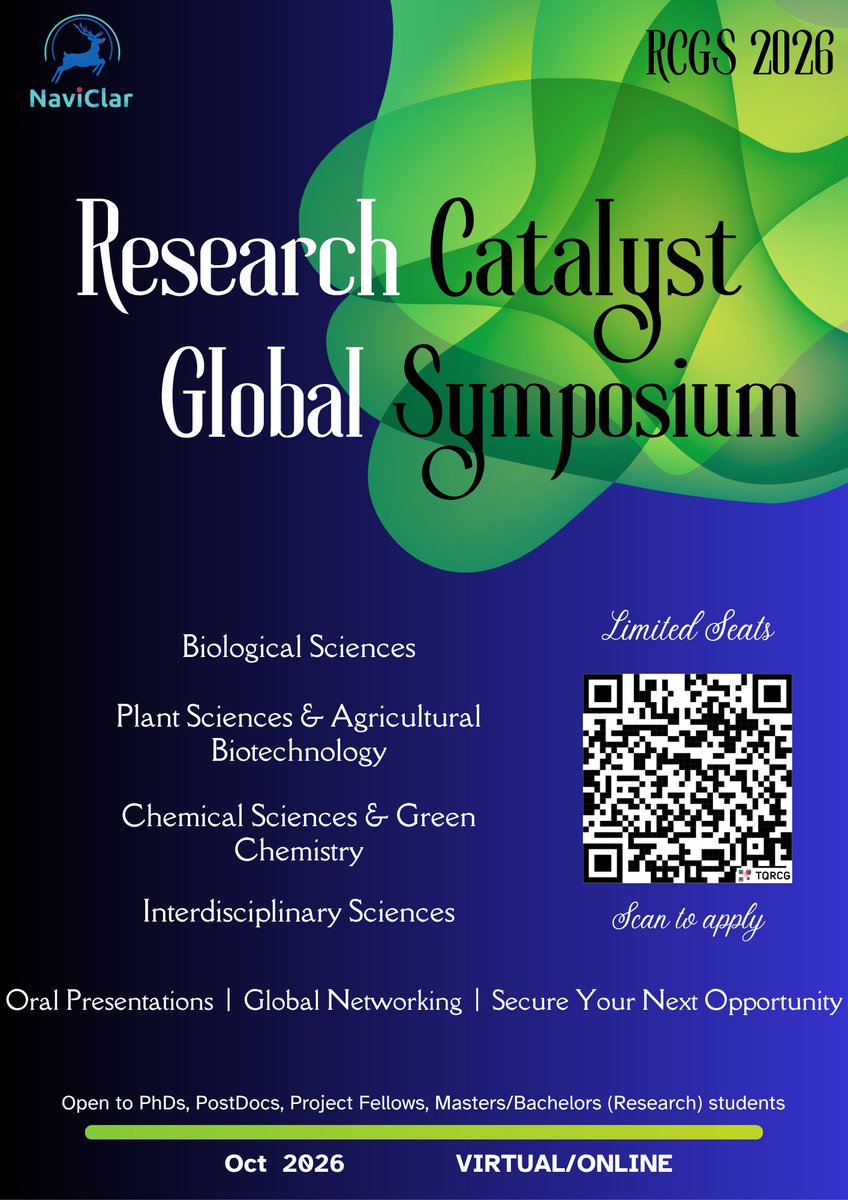 NaviClar's tweet photo. RCGS 2026 has been announced. Opportunity for research students to present their work to global mentors and get feedback. Online.
+ Networking session to grab next PhD/Postdoc Position. 
Apply - https://t.co/h1NgVwlx64
Pls RT 
@cbm2577 @ICGEBNewDelhi @ignitelsf @kvijayraghavan https://t.co/OluYXIEpTj