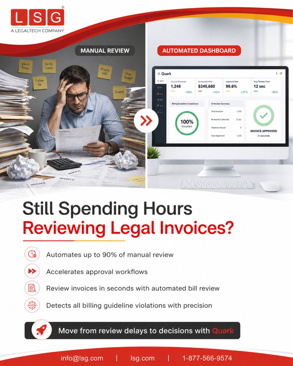 lsgcorporate's tweet photo. Still relying on manual invoice review?
Your legal spend could be leaking without you realizing it.

For corporate legal teams handling high invoice volumes, slow reviews and missed billing violations create unnecessary delays, compliance risks, and rising costs. https://t.co/Z67wMEGjaW