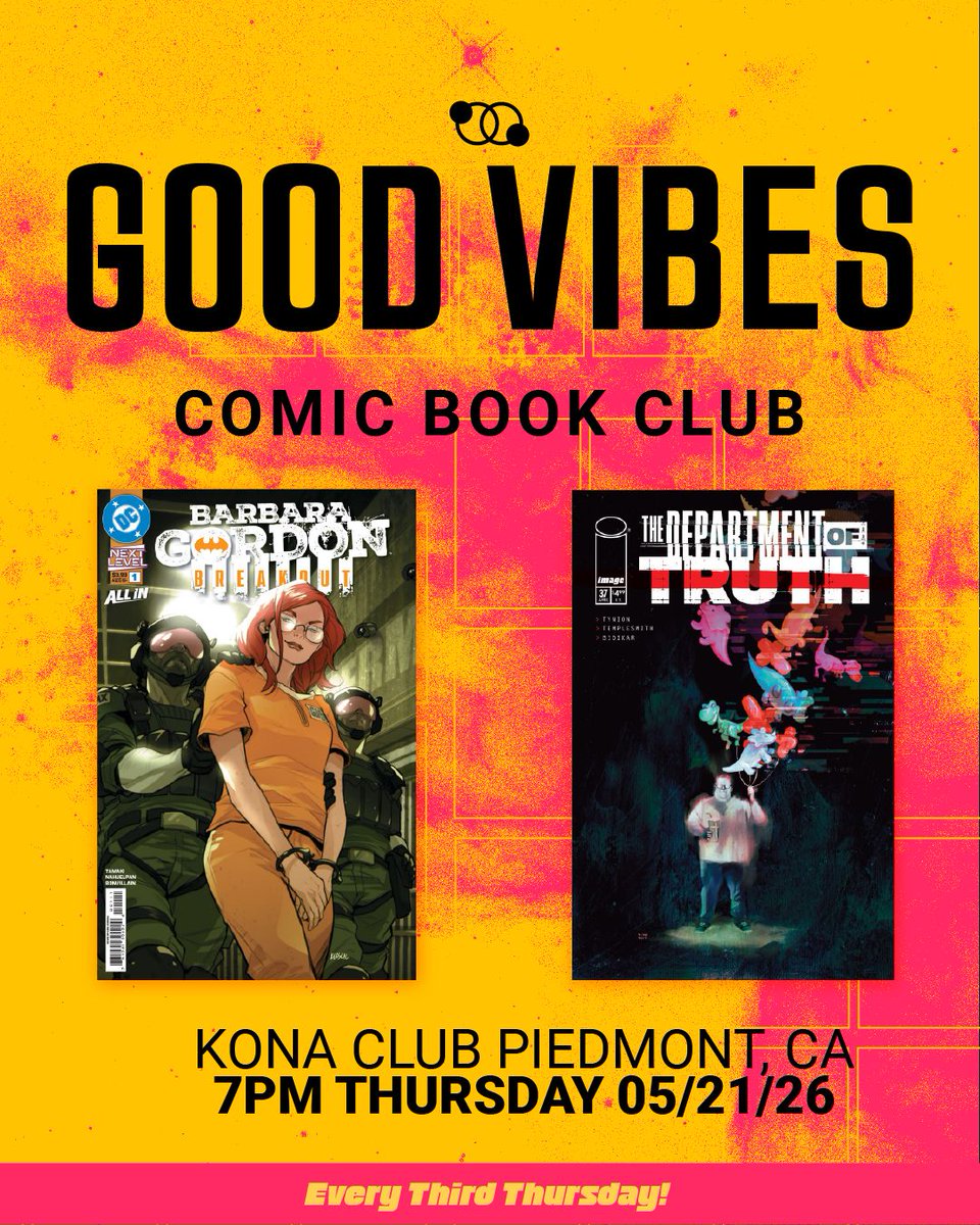 markhavenbritt's tweet photo. Need more people to talk comics with? We are your peeps.

GOOD VIBES COMIC BOOK CLUB is a monthly hang for folks who love comics and want actual human beings to yap about them with. 

We meet next Thursday, May 21st 7PM at Kona Club in Piedmont. https://t.co/alGr8xOAHn