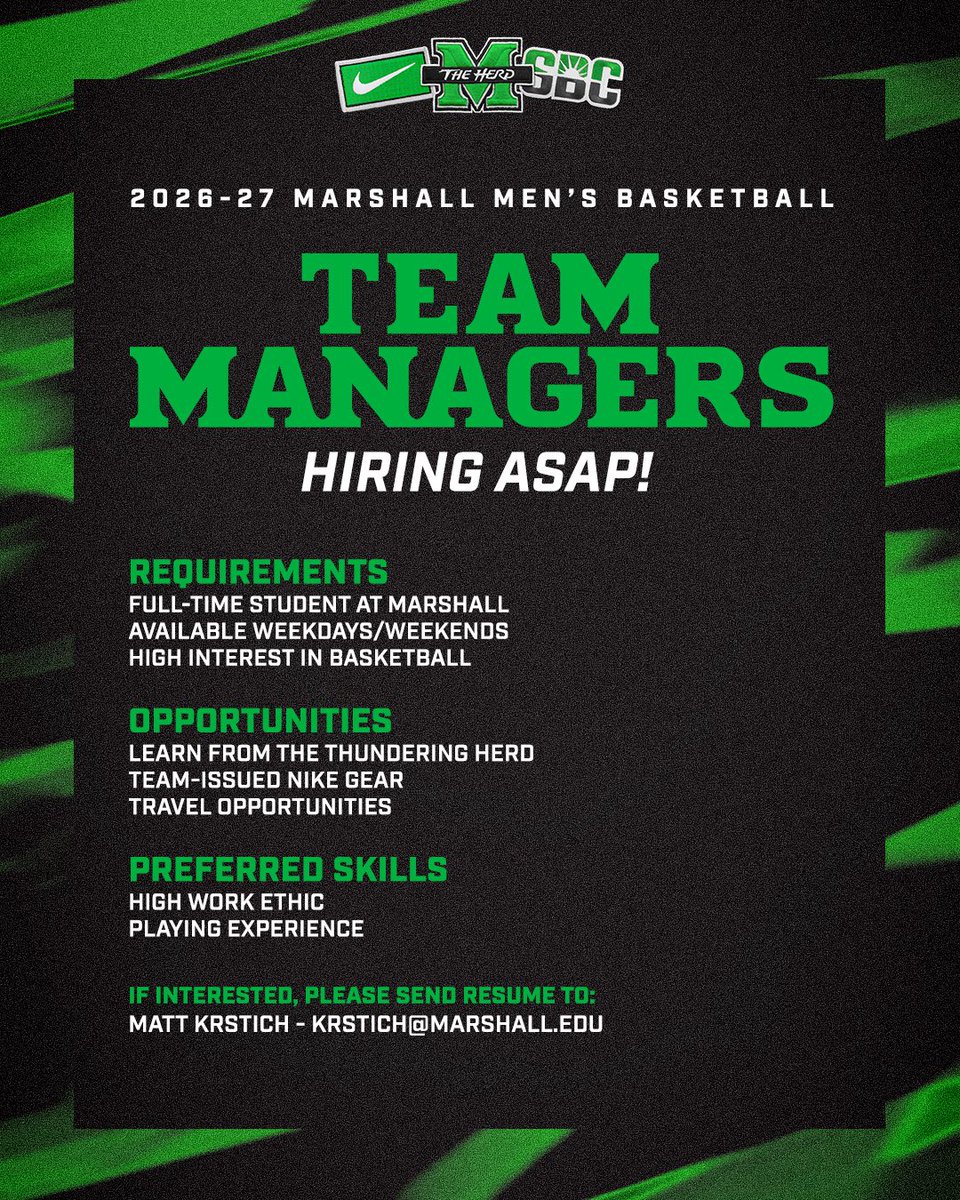 Herd_MBB's tweet photo. Want to start your basketball career as a student? 

We are looking for managers that become leaders in the basketball world! If interested reach out 👇👇👇 https://t.co/92mjiuPdQe
