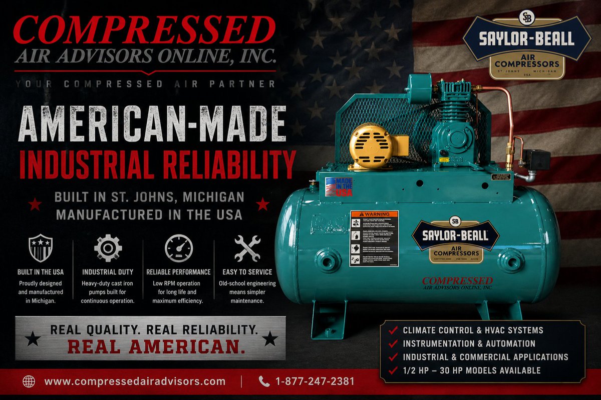 CompAirAdvisors's tweet photo. 🇺🇸 In a world full of imported equipment… Saylor-Beall still builds industrial air compressors the old-school way.

Manufactured in Michigan with cast iron compressor pumps, low RPM operation, and industrial-duty construction designed for decades of reliable service.

Perfect for:
• HVAC pneumatic controls
• Building automation
• Instrument air
• Laboratory systems
• Process controls
✔ USA Manufactured
✔ Magnetic Starter Included
✔ Built for Industrial Duty
Shop now:
https://t.co/4o5EEKn0jd
#MadeInUSA #SaylorBeall #IndustrialAirCompressor #HVACControls #CompressedAir