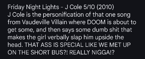 ADay_AAlbum's tweet photo. Friday Night Lights - J Cole 5/10 (2010)

The song I'm referencing (which is much better than this entire tape) is Can I Watch by Viktor Vaughn https://t.co/psfVB8WPPv