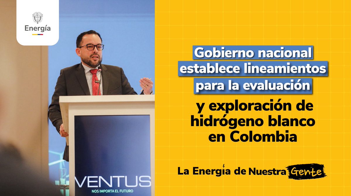 MinEnergiaCo's tweet photo. ¡Colombia le apuesta al Hidrógeno Blanco como motor de la Transición Energética! 🇨🇴⚡

El ministro @EdwinPalma anunció en el 5to Congreso Internacional de Hidrógeno el nuevo marco regulatorio para la exploración de hidrógeno blanco en el país. Este proyecto de @MinEnergiaCo define las reglas para la asignación de áreas y requisitos técnicos, consolidando este recurso como una fuente renovable estratégica para la #TransiciónEnergéticaJusta.

La iniciativa busca atraer inversión con seguridad jurídica, promoviendo el desarrollo regional y la participación social. El documento ya está disponible para comentarios de la ciudadanía, impulsando una construcción técnica y transparente del futuro energético de Colombia. 

Conoce más detalles aquí: https://t.co/3VRScD0RRb
