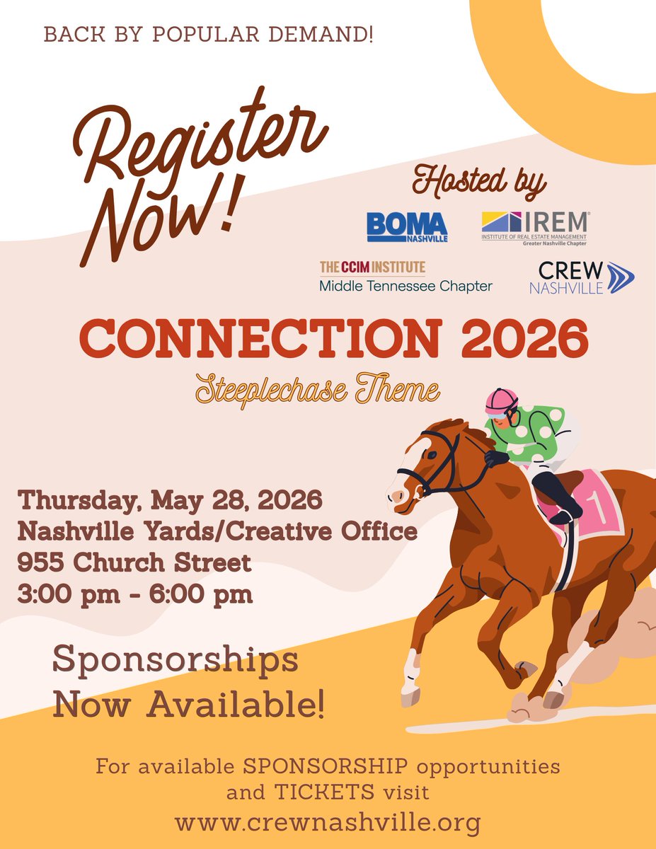 iremnash's tweet photo. Join IREM Nashville on Thursday, May 28th from 3-6pm for Connection 2026 at Nashville Yards. We are thrilled to partner with BOMA Nashville, The CCIM Institute, and CREW Nashville for this year’s Steeplechase-themed networking event.  https://t.co/jPOumVEyUz.

#iremnashville https://t.co/1GjAym8LVy
