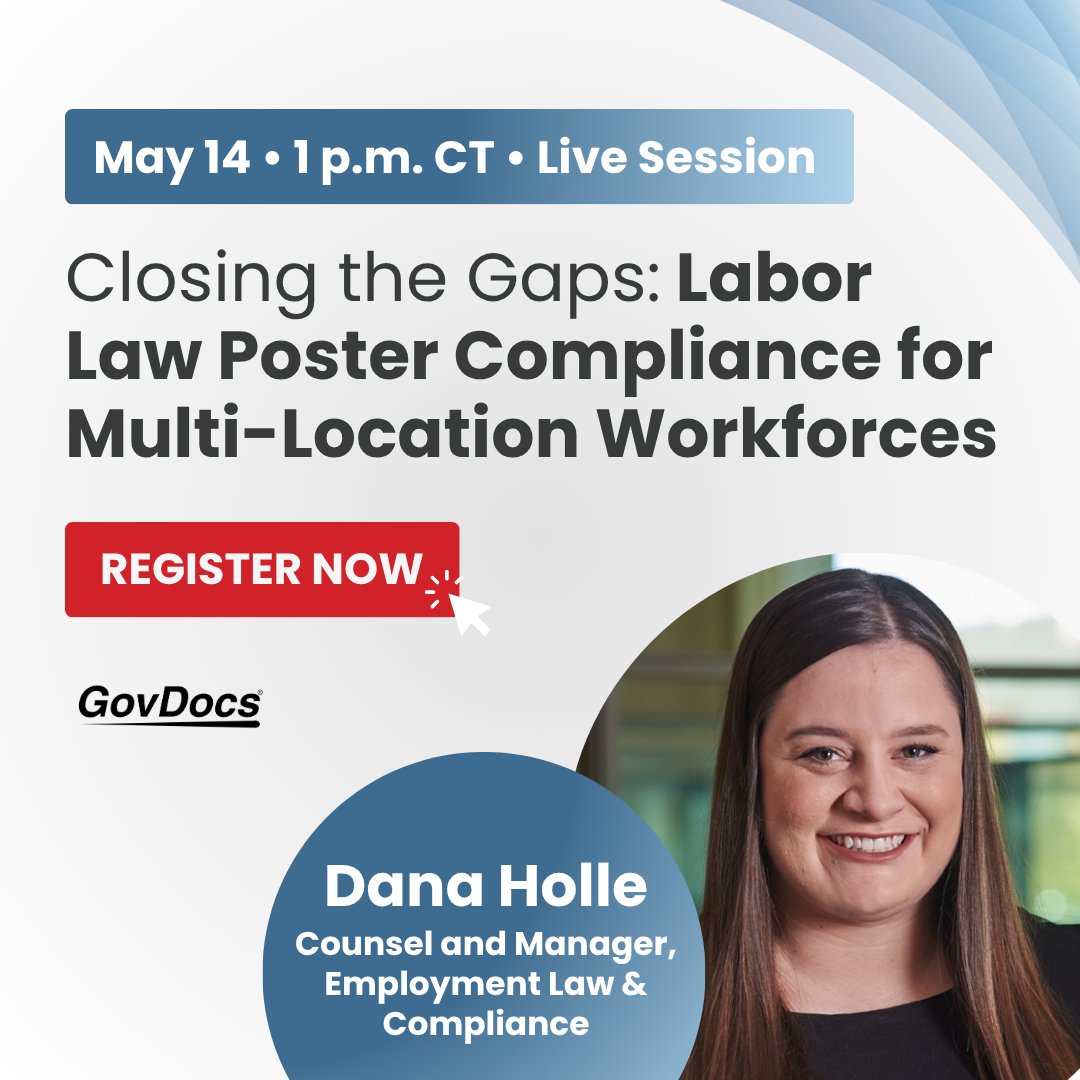 GovDocs's tweet photo. Most multi-location employers we talk to have compliance gaps they don't know about. Remote workers. Traveling employees. Local jurisdictions.

Join Dana Holle on May 14th to learn how to manage multi-location poster compliance: https://t.co/X3HJpeO9Q9

#laborlawposters https://t.co/62lvrfVAIJ