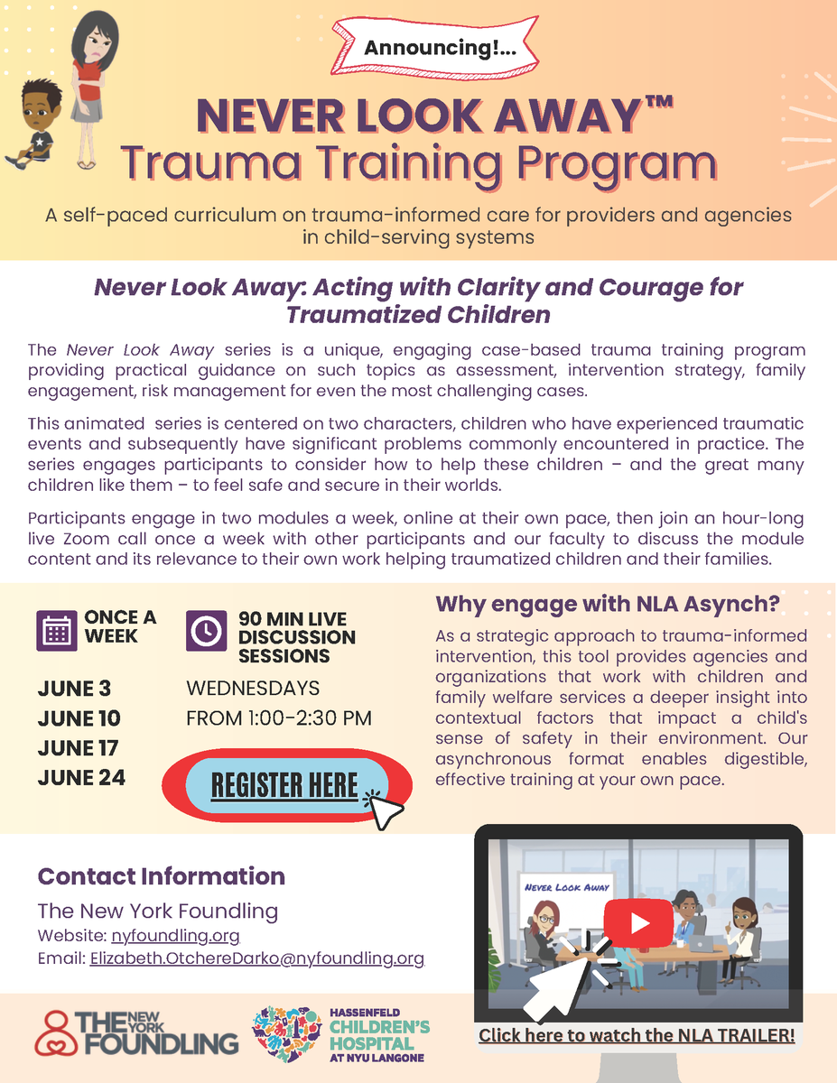 TheNYFoundling's tweet photo. Join our 'Never Look Away' program this June! This FREE month-long online training (starting on 6/3 &amp; meeting each Wed at 1PM) provides professionals with the tools to best serve young people who have experienced trauma.  Learn more &amp; register: https://t.co/WPB057apHc https://t.co/635yOQK8bq