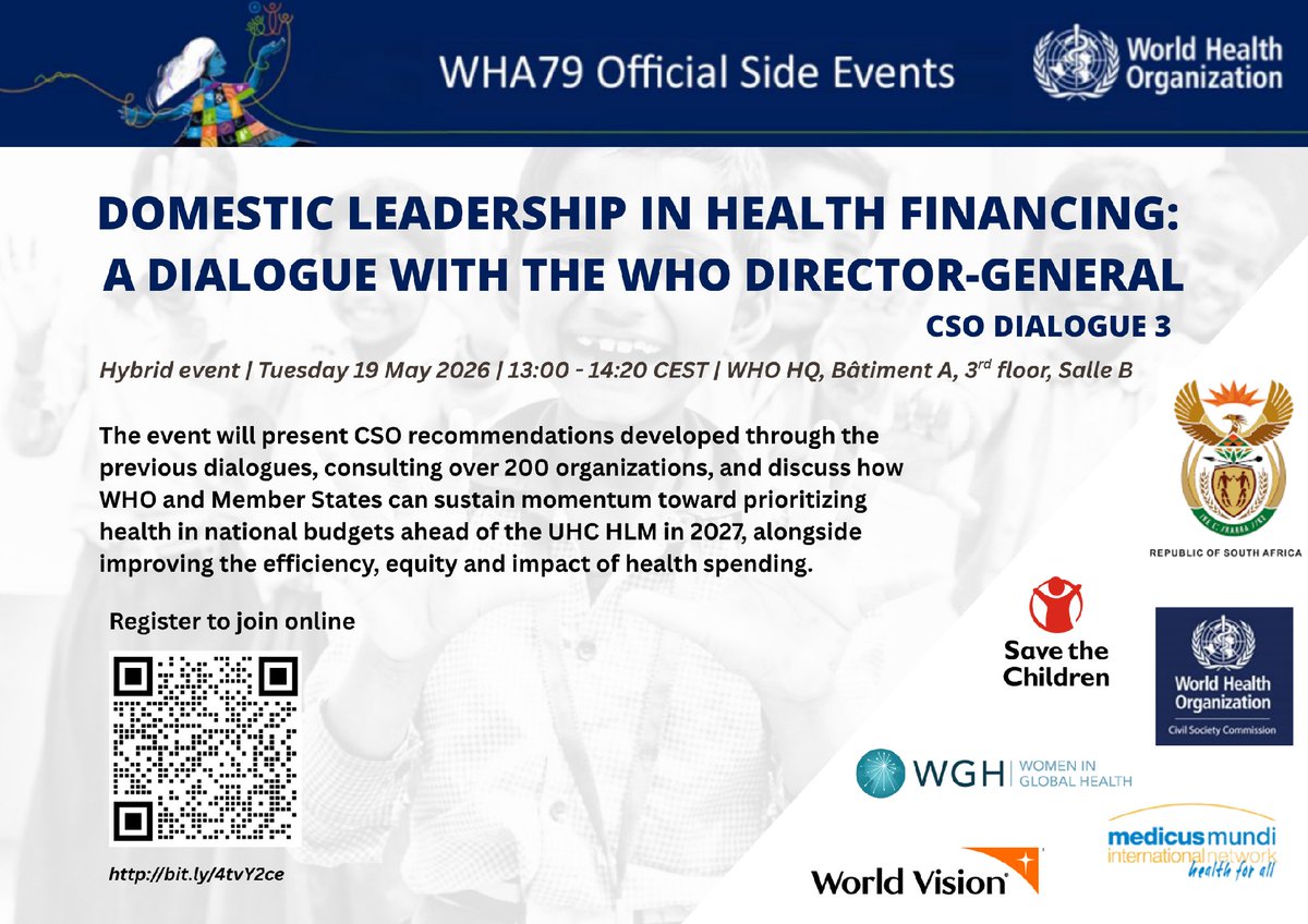 womeninGH's tweet photo. On Tuesday, 19 May at #WHA79, @WomeninGH joins partners for a high-level dialogue with WHO DG Dr. Tedros on domestic leadership in health financing.
📅 19 May | 🕐 13:00 CEST | 📍 WHO HQ, Salle B
Register: https://t.co/HzLOHddffV
#HealthFinancing #UHC #CivilSociety #GlobalHealth https://t.co/owQH3H0NuJ
