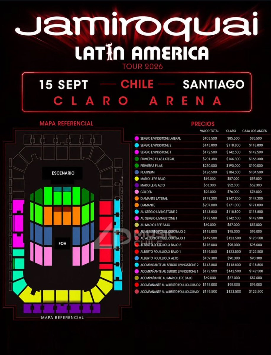 AcervoJamirobr's tweet photo. 🇨🇱CHILE: Preços e Distribuição de espaços para o show do Jamiroquai na Claro Arena, dia 15 de Setembro! https://t.co/2s7NQZM9Nl