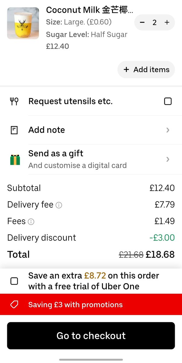 ALaMemi's tweet photo. The price difference between uber and Deliveroo is crazy that's a whole other drink AND deliveroo give me £5 credit back on Amex https://t.co/MFK0A973sh