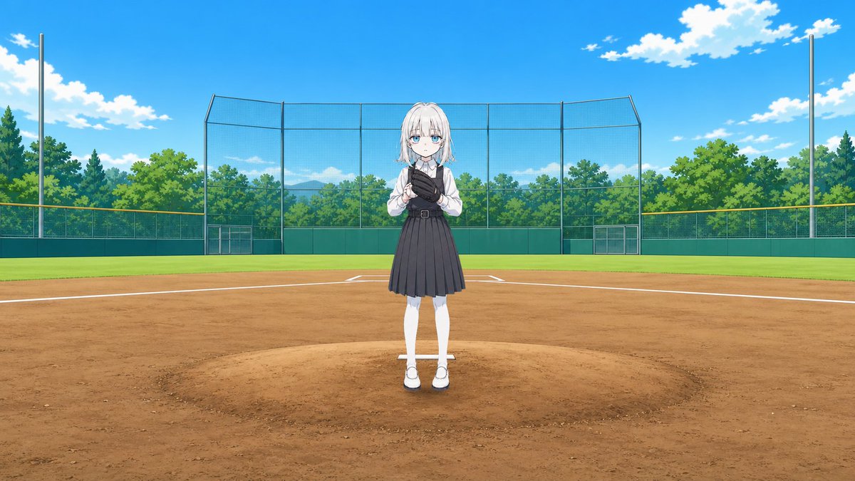 Anime Schoolgirl Pitcher on Baseball Field