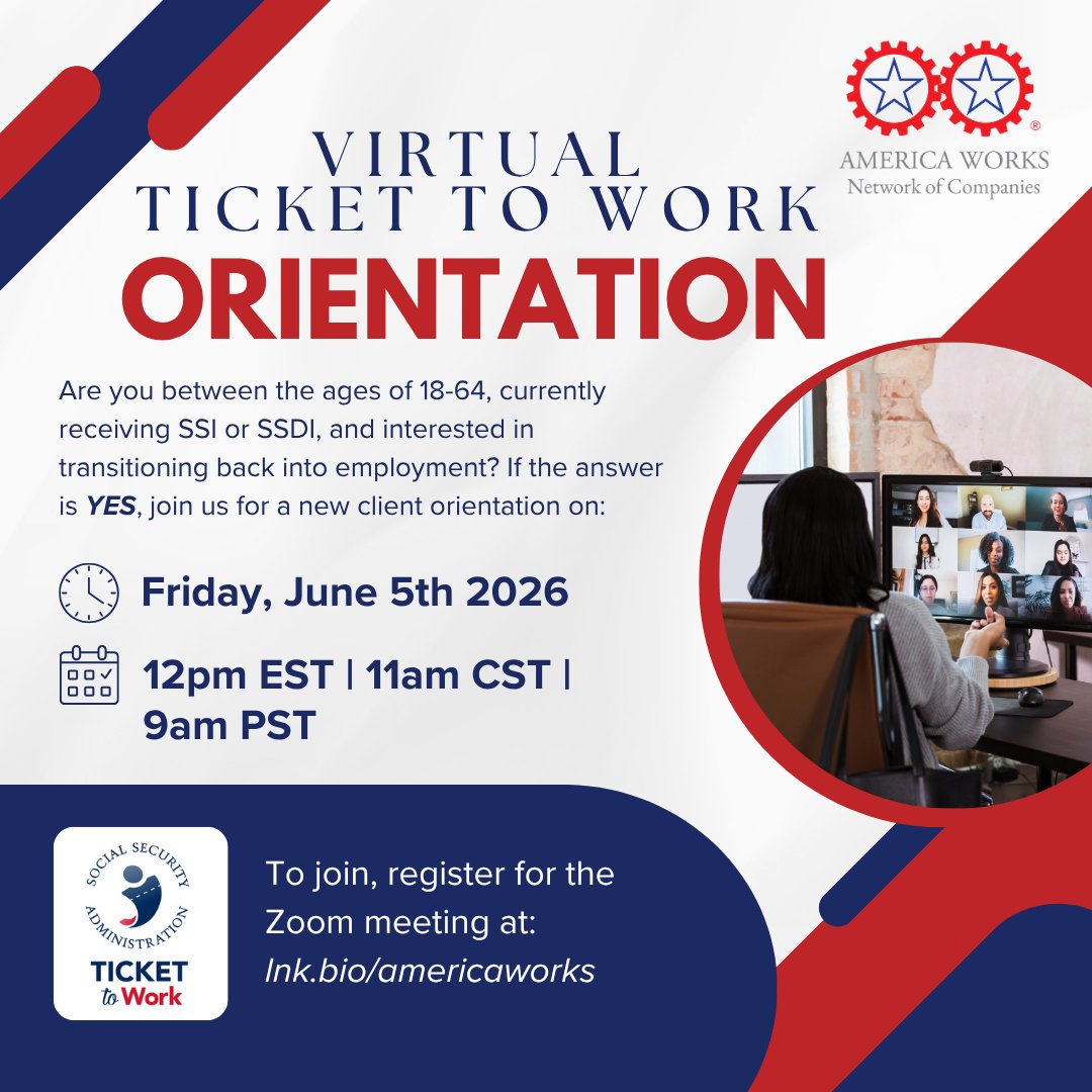 AmericaWorksPA's tweet photo. Save The Date! 📅 Did you miss out on the last Ticket to Work Orientation? Mark your calendars for our next orientation on Friday, June 5th at 12pm EST/11am CST/9am PST https://t.co/YbTubs6XRw
