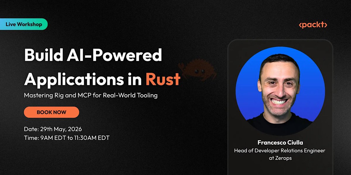 FrancescoCiull4's tweet photo. ⌛17 days to go.
On May 29, I’ll run my upcoming Rust workshop:

Build AI-Powered Applications in Rust

This is the structure:

1. Project Overview
What we’re building and how the application is structured.

2. Axum Backend
A Rust web server, static frontend, and API routes.

3. Database Layer
PostgreSQL and SQLx for storing conversations and documents.

4. LLM Integration
Using Rig to connect the Rust backend to an AI model.

5. RAG & Agents
Document retrieval, grounded responses, and AI tools.

6. MCP & Final Demo
Exposing Rust-powered tools with MCP and running the final end-to-end demo.

The goal is simple:

Build a real AI-powered application in Rust, from backend to LLMs, RAG, agents, and MCP.

Link to register: https://t.co/43e008abnB