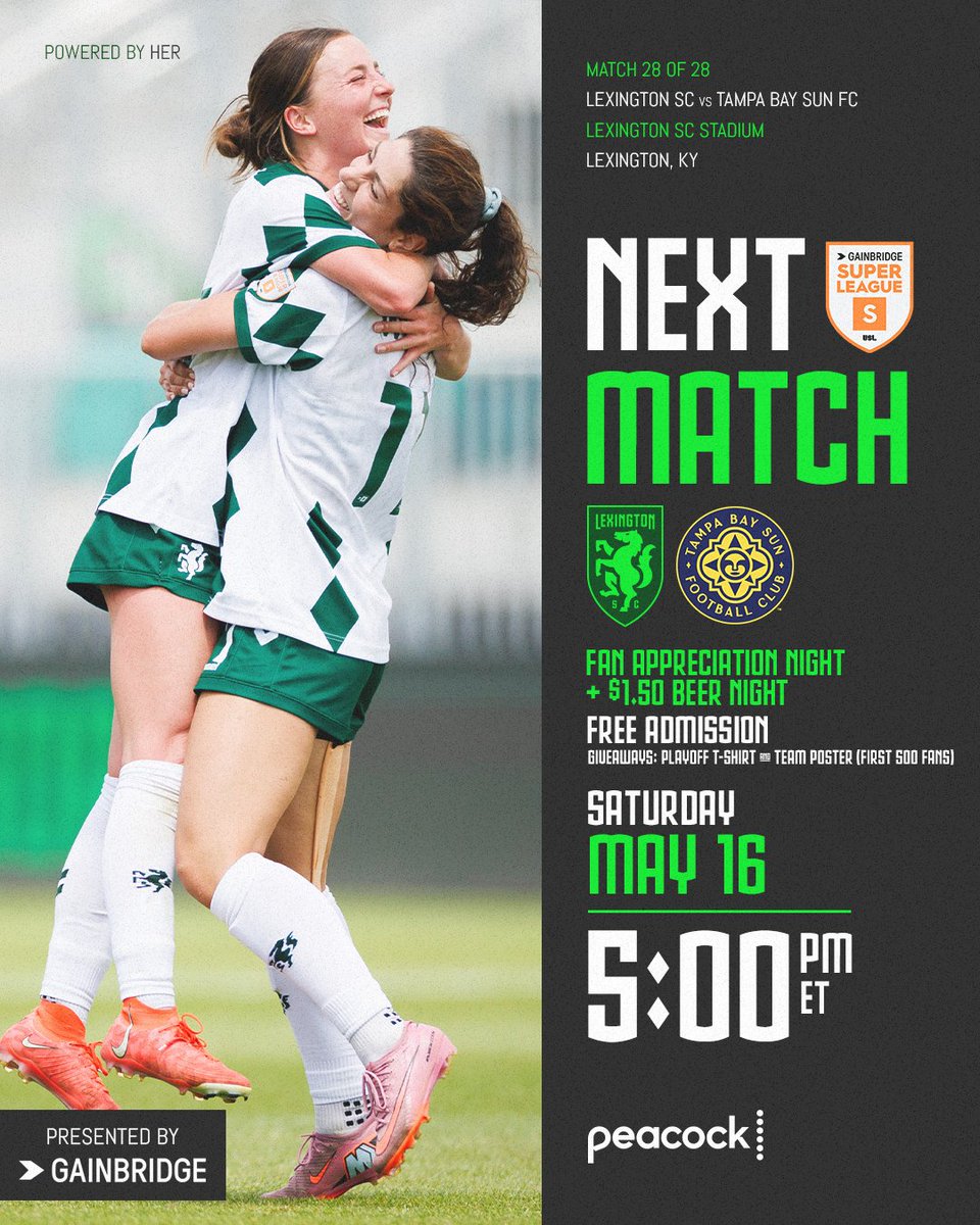 LEXSCwomen's tweet photo. Our final match of the @GainbridgeSL regular season and still so much to play for...
Giveaways for the first 500 fans include:
🎁 LSC Team Poster
👕 2026 Playoff T-Shirt
FREE ADMISSION TOO!!! 🤩🙌
🎟️ Claim your FREE tickets 👉 https://t.co/vxA6NCJcvD
#LexGo | #PoweredByHER | Presented by Gainbridge