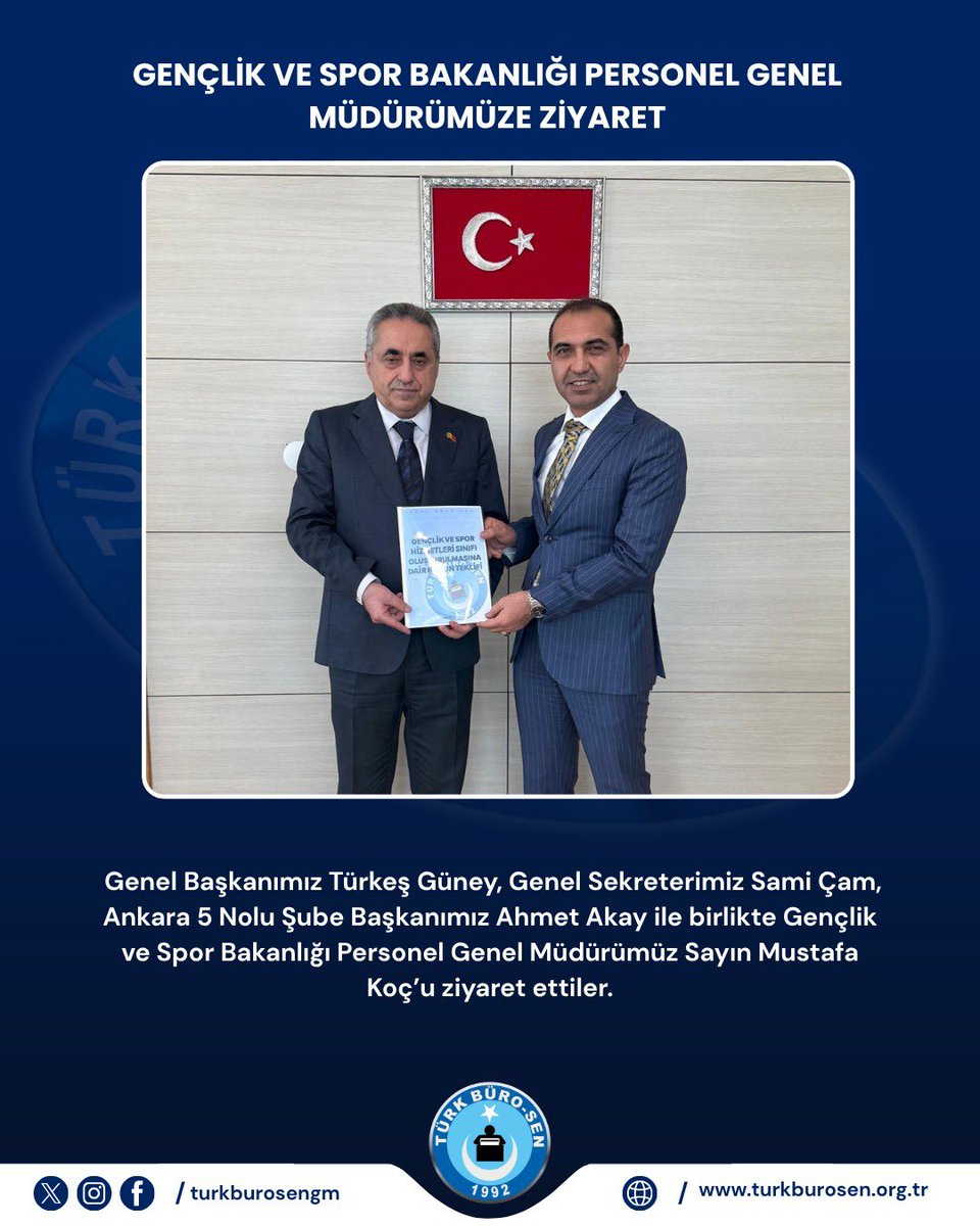 TurkesGuney's tweet photo. 📌 Genel Başkanımız Türkeş Güney, Genel Sekreterimiz Sami Çam, Ankara 5 Nolu Şube Başkanımız Ahmet Akay ile birlikte Gençlik ve Spor Bakanlığı Personel Genel Müdürümüz Sayın Mustafa Koç’u ziyaret ettiler.

📌 Ziyarette;

📌 Görevde Yükselme ve Ünvan Değişikliği Mülakat sınavlarının bir an evvel yapılması,

📌 Bakanlık taşra teşkilatında uygulanan fazla mesai uygulaması ile destek personelinin hafta sonu tatilini unuttuğu, bu konuda şikayet ve taleplerin mutlaka dikkate alınması

📌 Taşra teşkilatında sendikal temsil kabiliyeti bulunan genelde birim amirlerinin özelde personel müdürlerinin yetkileri sendika lehinde kullanmalarının önlenmesi,

📌 Yapılan veya yaptırılan fazla mesainin karşılığının ücretle ödenmesi,

📌 Bakanlığın kız yurtlarında sendikal faaliyetlere yönelik yazısını tek sendika lehine algılayan ve uygulayan yurt müdürlerinin uyarılması,

📌 Gençlik ve Spor Hizmetleri sınıfının ihdası,

📌 Kredi ve Yurtlar Kurumunun idari ve mali özerkliği bulunan bağlı kuruluş statüsüne geçirilmesi,

📌 Bakanlık personelinin özlük haklarının iyileştirilmesi,

📌 Sınavsız atamalara son verilerek, bütün ünvanların görevde yükselme mevzuatına tabi olması,

konularındaki görüş, düşünce ve taleplerimizi ilettik.

📌 Ayrıca sendikamız tarafından Gençlik ve Spor Bakanlığı personeline yönelik WhatsApp şikayet hattı kurulacağı buraya gelen şikayetlerin de bakanlığa iletileceğini ifade ettik.

📌 Nazik kabulü ve misafirperverliği in Sayın Genel Müdürümüze teşekkür ederiz.