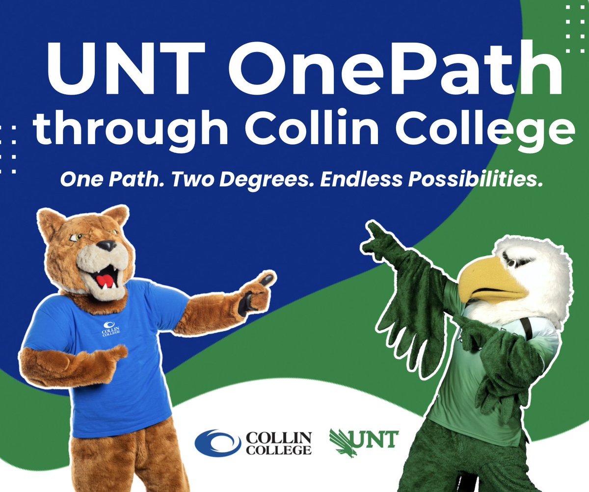 collincollege's tweet photo. Two schools. One smart move. We’re excited to announce UNT OnePath through Collin College, a new partnership between @UNTsocial and Collin College that gives students the opportunity to earn both an associate and bachelor’s degree in business or biology: https://t.co/tAyMiiAdQq https://t.co/fyVkCBRx3A