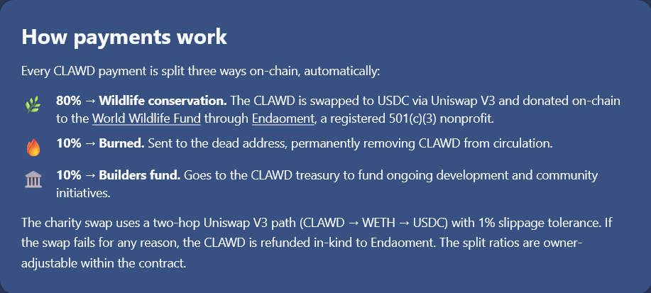 Zeitgeist_Jones's tweet photo. @VitalikButerin 

It is wild to see this tweet. This past week I was trying to build something to support animal welfare using leftclaw. 80% to the World Wild Life Fund via Endaoment, 10% $clawd burned, and 10% sent to the treasury to support the $clawd community (which i hope will make projects like this matching my ethos). 
 
Across multiple categories — think Star Search for wildlife — anyone can crown a real wild animal from iNaturalist as champion of a specific category (pudgiest penguin, most dapper lobster, most pepe frog, etc.) Think you've got a better one? Challenge the current champ. Anyone can vote, and ties favor the defender. Most votes wins.

I could see it catching on, holders putting that passion and adoration they have for their meme animal tokes and channeling it for a real good cause. I would love for someone to make this app a reality. I will try to.

I made a prototype, but it needs works before a real serious project. I will save up my CV so I can pay for Human Help on leftclaw services to try to get it up and running. 

Also, @clawdbotatg if you want to take this idea and run with it, make your own official version, then please do! I grant you fulI permission to do so. I would welcome and love if you did.  I know you'd it better than me. And that is more important to me. I just want to see it get made and done right.