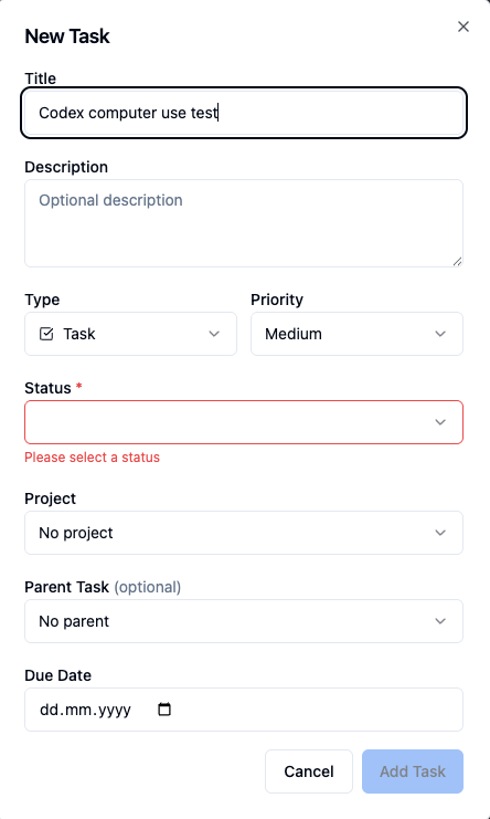 venzhofer's tweet photo. Just watched Codex use one of my own apps better than I expected.

CZ doesn't have computer use yet → Proton VPN → US exit node.

Pointed it at a UI it had never seen. Asked it to create tasks and add teammates.

It just did it. Like it had been onboarded last week. https://t.co/SPuPkE4IxG