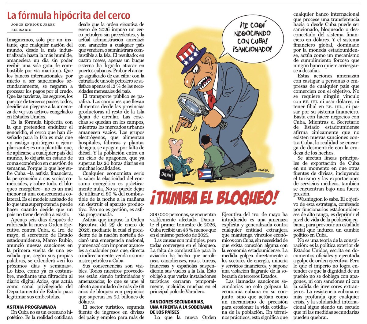 francofontana43's tweet photo. La lezione di Cuba agli Stati Uniti e al mondo 

Dal Granma di oggi il j’accuse contro la prepotenza degli USA
“Cuba non minaccia, Cuba è costantemente minacciata”
Il presidente Diaz-Chanel ha assicurato che l’Isola ha dovuto, in tutto questo tempo fronteggiare con fermezza e serenità le minacce che giungono dagli Stati Uniti”

La formula ipocrita dell’assedio
Immaginiamo.  solo per un istante che una qualsiasi nazione del mondo, dalla più industrializzata alla più umile si svegli una mattina senza poter ricevere una sola goccia di combustibile, via mare
Che le banche internazionali, per paura di essere sanzionate indirettamente si rifiutino di procedere ai pagamenti per il petrolio
Che le compagnie di navigazione, le assicurazioni, i porti di tutti i Paesi terzi decidano di piegarsi alla minaccia di vedere le proprie attività congelate negli Stati Uniti
È la formula ipocrita con la quale pretendono di addolcire il genocidio: l’assedio che hanno progettato per l’isola è
qualcosa di più di un castigo chirurgico o esemplare: è un progetto che, se applicato a qualsiasi paese del mondo, lo lascerebbe nello stato di coma economico nel giro di settimane
Quello che oggi soffre Cuba, l’asfissia finanziaria, la persecuzione contro i suoi soci commerciali e soprattutto il blocco energetico, non è un male minore né una conseguenza collaterale
È il modello compiuto di quello che un paese una superpotenza può fare quando decide che un Paese non ha diritto di esistere 
[…]
Non è una teoria della cospirazione: è la politica estera degli Stati Uniti, scritta in documenti ufficiali e messa in atto a colpi di ordine esecutivi
Però quello che l’impero non riesce a capire è che la dignità di un popolo non si spezza con black -out, né con sanzioni, né con il ritiro  di investimenti stranieri
La resistenza cubana è più profonda di qualsiasi crisi e la solidarietà internazionale continua a essere uno scudo che le sanzioni secondarie non possono spezzare