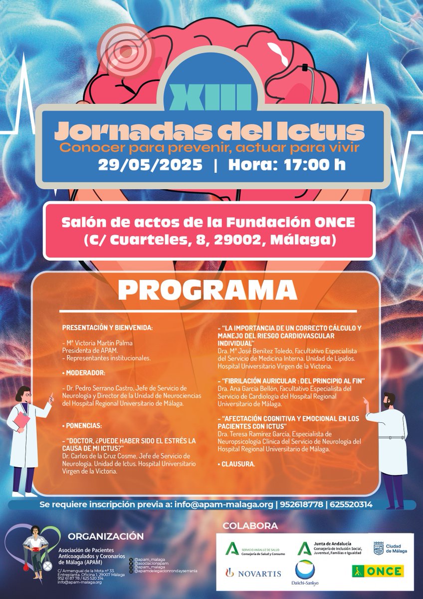 APAM_MALAGA's tweet photo. 💙🧠 XIV JORNADAS DEL ICTUS: "Saber qué hacer marca la diferencia" , 
Organiza: @APAM_MALAGA 
Fecha: 20/05/2026
Hora: 17:00 h
Lugar: Salón de actos @Fundacion_ONCE 
Más información en: https://t.co/sCZeSmbkg0 https://t.co/7PWRUv0UlG