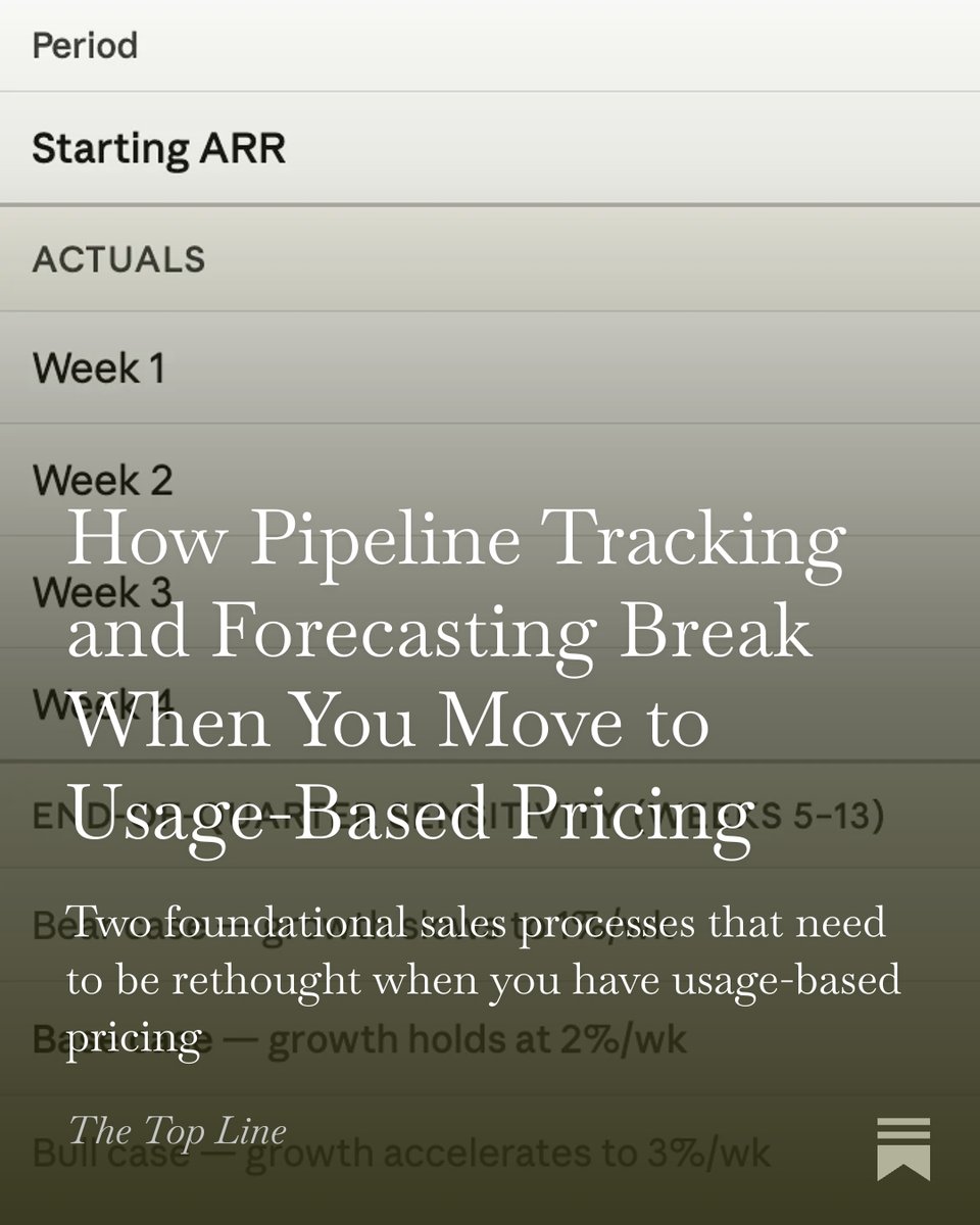 meghanpgill's tweet photo. When you move to a usage-based pricing model, all the out-of-the-box pipeline and forecast tracking tools/processes break. It's the subject of my article this week: https://t.co/RQOE7wRvlk https://t.co/izMW29gp29